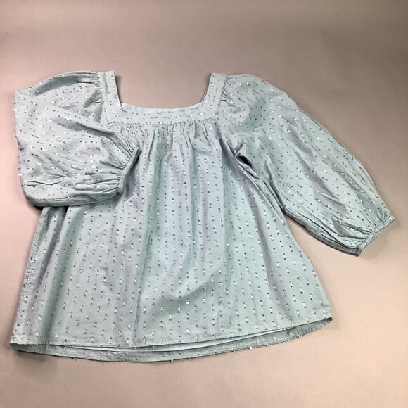 Womens Light Blue 3/4 Puff Sleeve Top Square Neck Silver Embroidery Pattern Lg - Picture 1 of 7